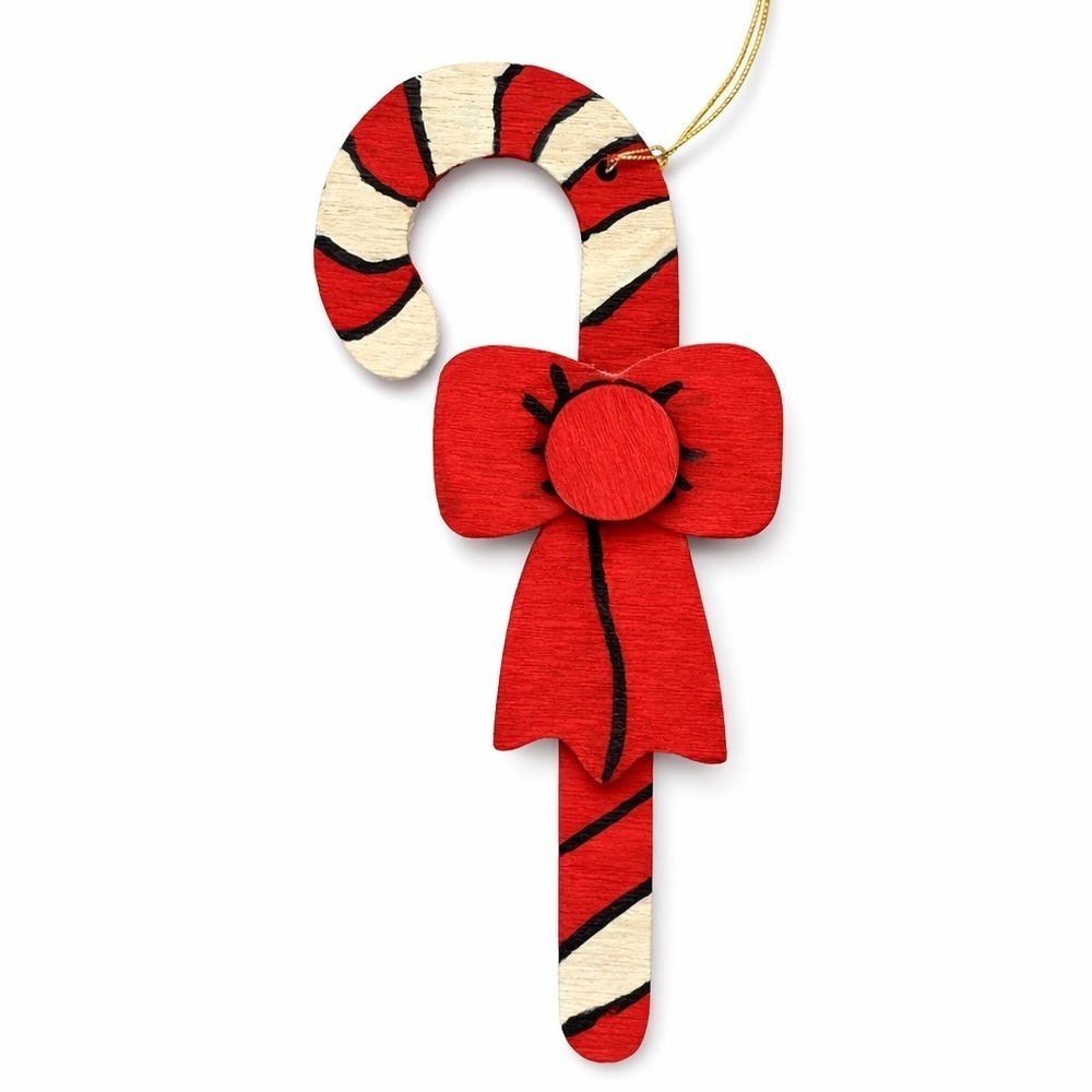 Wooden Candy Cane Ornament With Red Bow